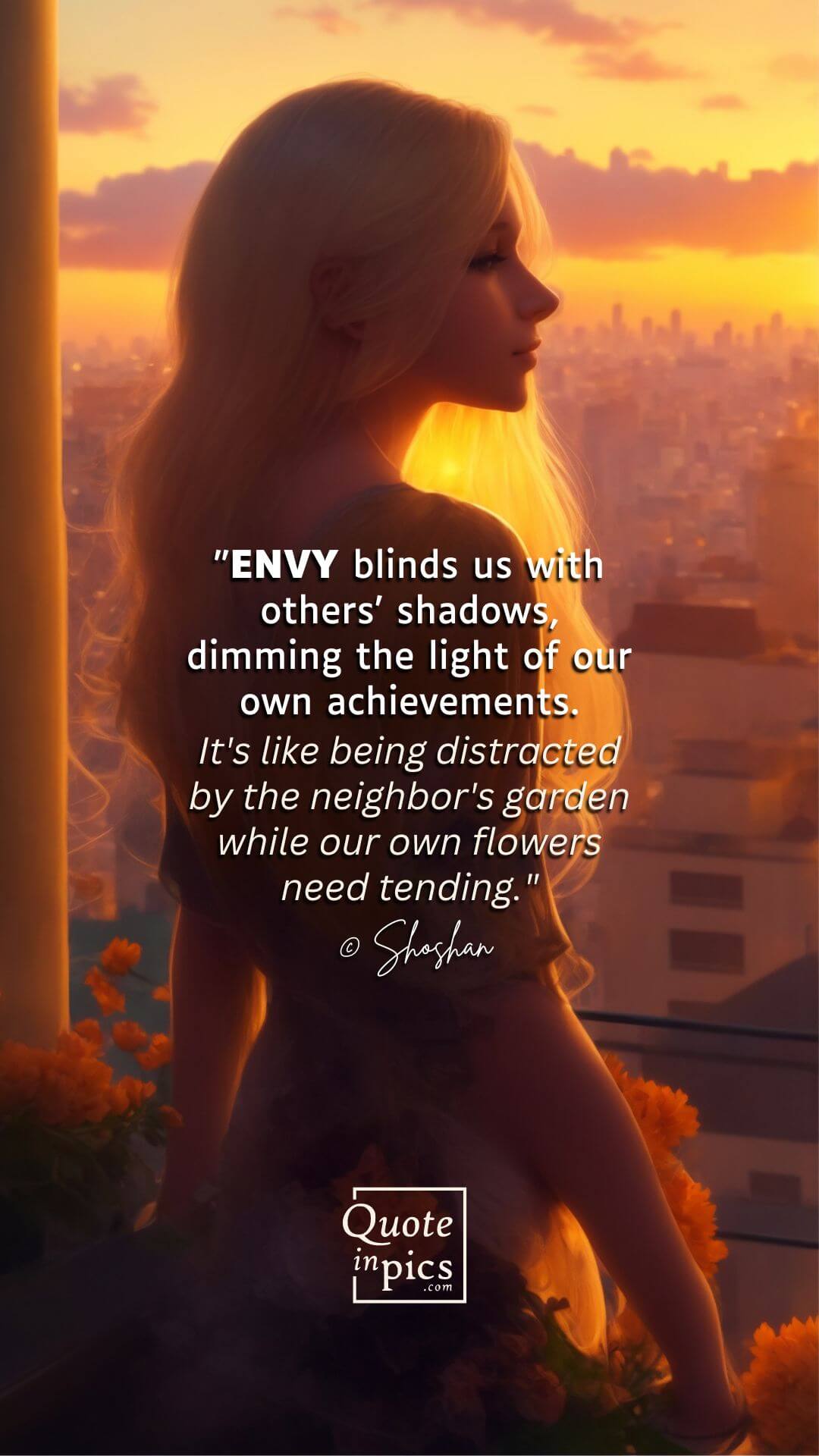 Envy blinds us with others' shadows, dimming the light of our own achievements.